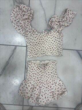 Floral Cream Smocked Two-Piece Skirt Set
